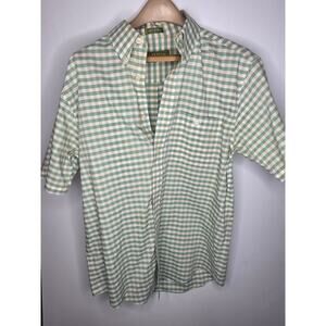 Orvis Size Medium Green & Tan Gingham Short Sleeve Button Down Shirt 100% Cotton